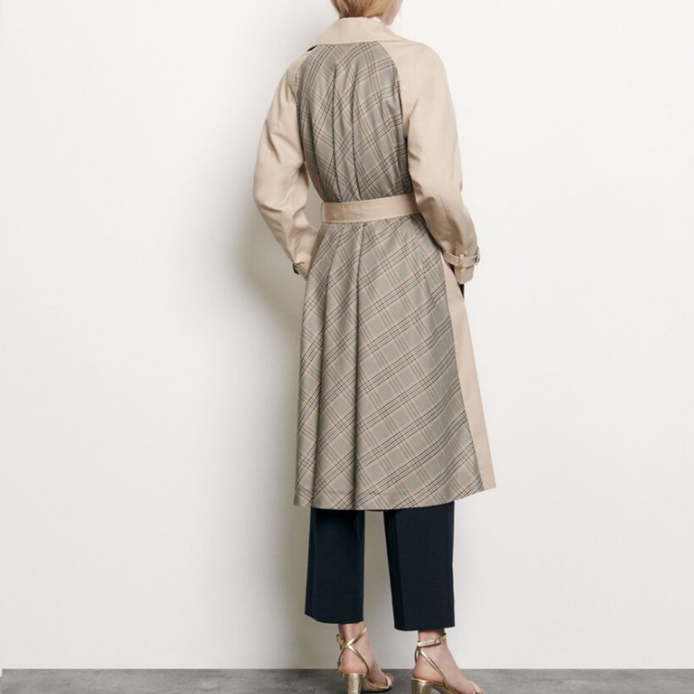 Sandro Victory Plaid Back Cotton Trench Coat - Picture 2 of 6